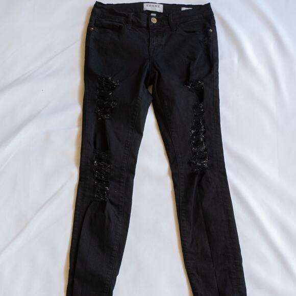 Frame Le Skinny De Jeanne Noir Black Distressed Skinny Jeans 25 - Picture 2 of 11